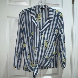 Ann Taylor blue white stripe long sleeve top Sz MP button front tie waist